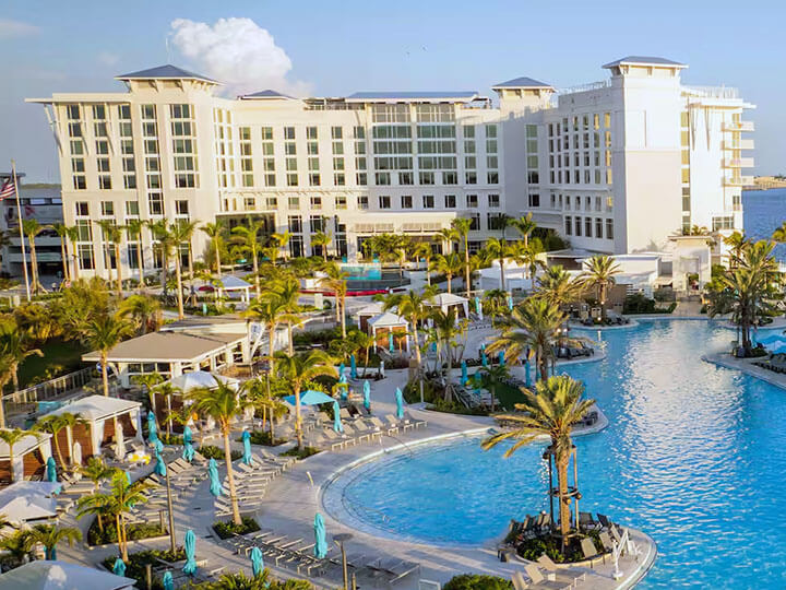 Aerial view of Sunseeker Resort and pool in Charlotte Harbor, FL